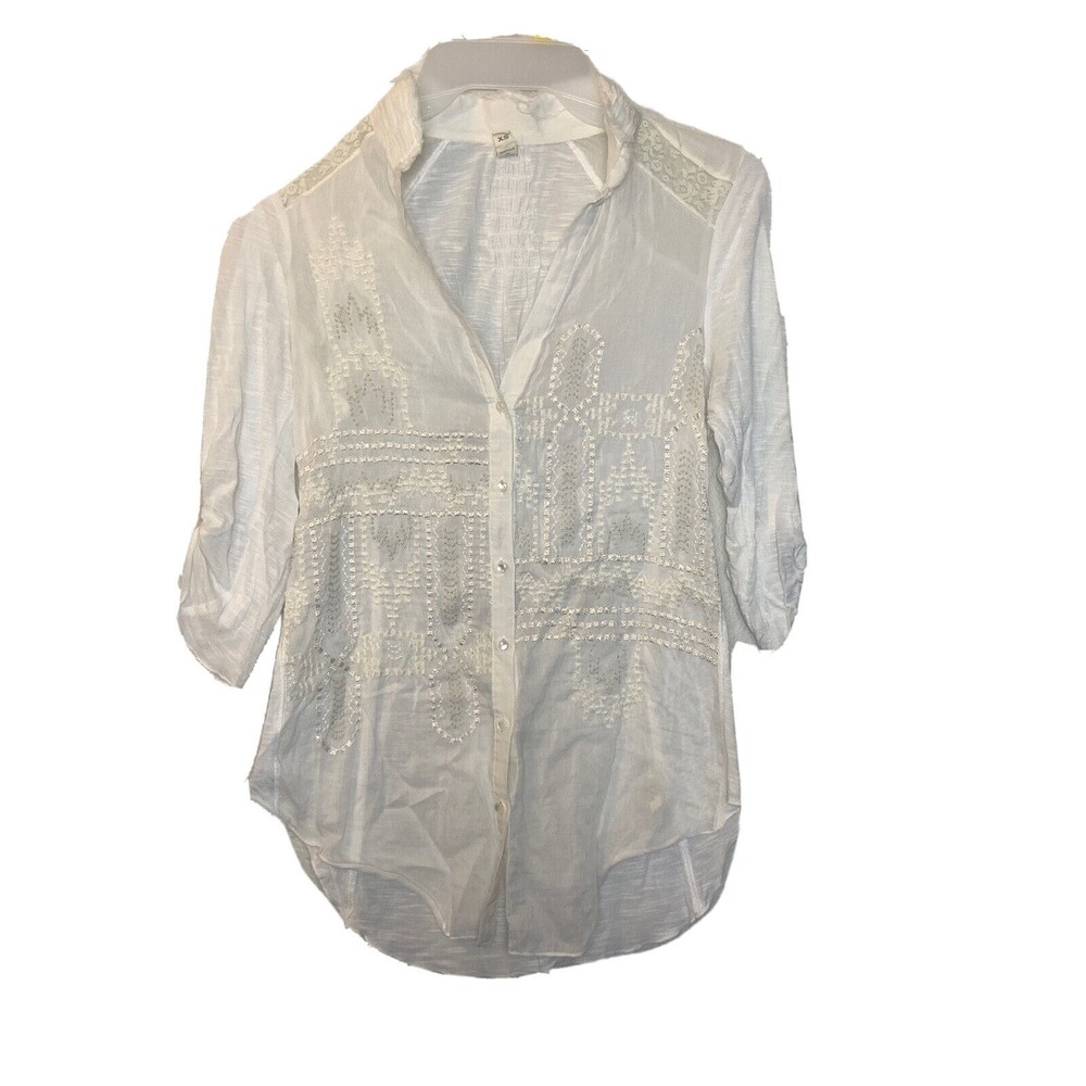 tiny anthropologie womens blouse‎ XS embroidered 3/4 sleeve frayed button up BP